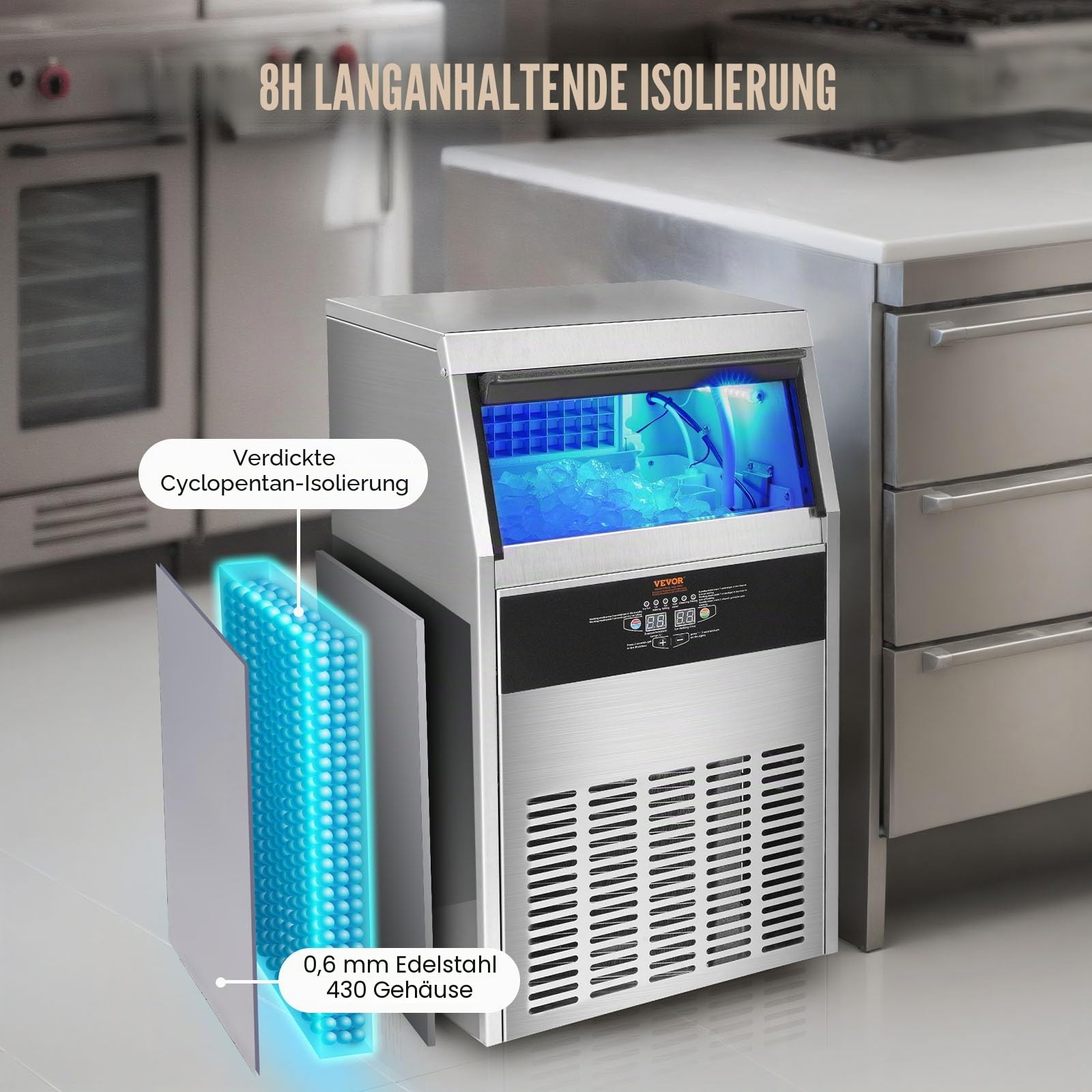 VEVOR Kommerzieller Eiswürfelbereiter Eismaschine 56 kg / 24 h, Leichte Würfeleismaschine 15 kg Eisspeicherkapazität 60 Stk. Eiswürfel, Edelstahl Eiswürfelbereiter inkl. Wasserfilter & Eisschaufel