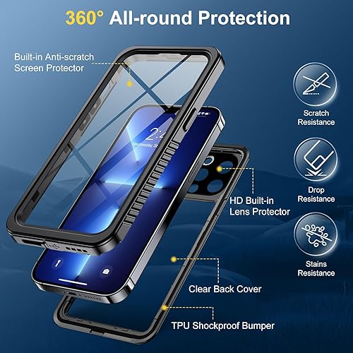 Miniatura 5 de Humixx Funda impermeable para iPhone 13 Pro Max, lente integrada y protector de pantalla [IP68 bajo el agua] [protección militar de 14 pies] [360