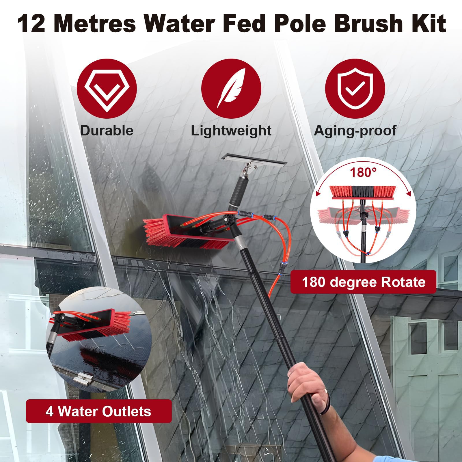 Spazzola per la pulizia delle finestre con kit asta da 12 m, lavavetri ad acqua, dispenser di sapone, tubo da 20 m, detergente in alluminio per pannelli solari e tetti, spazzola per la pulizia di 35