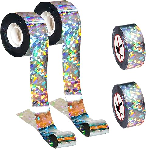 Catelves 4 Rollen Reflektierendes Flatterband zur Vogelabwehr, Je 50 m | Doppelseitig Holografisch Reflektierend, Frei Zuschneidbar, für Balkon, Garten, Terrasse, Obstbäume und Beete