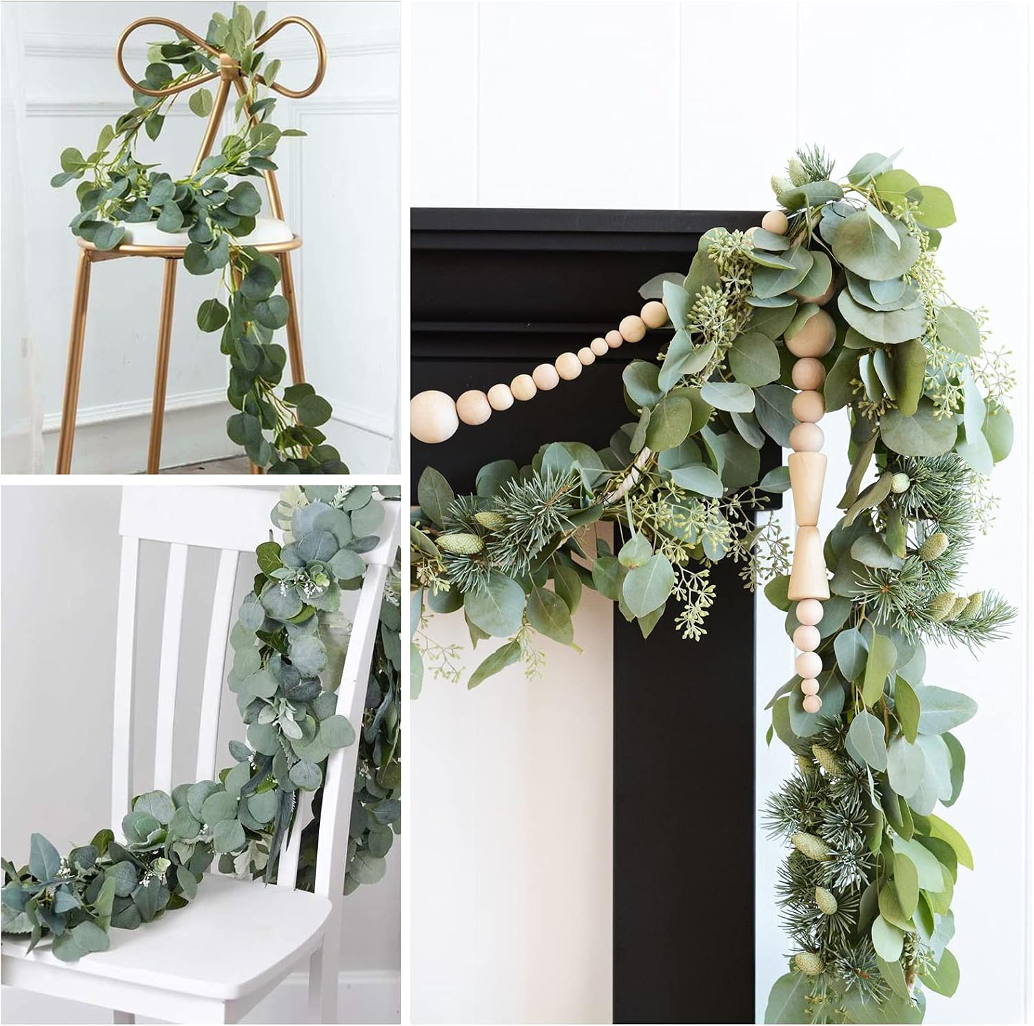 Whonline 8pcs 48ft Artificial Eucalyptus Garland, Silver Dollar Eucalyptus Leaves Vine, Faux Greenery Garland Bulk for Wedding Garland, Centerpieces for Tables, Home Decor, Arch Wall Decoration