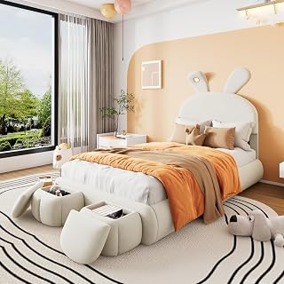 Seyakany cama infantil 90 x 200 cm, cama niña, orejas de conejo con brillo ajustable, tiras luminosas de color cálido, con 2 taburetes de almacenamiento, listones de madera, terciopelo, blanco