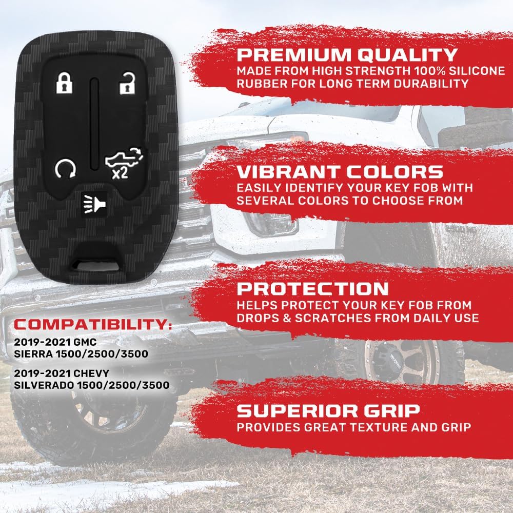 RECON Fits 19-21 GMC Sierra 1500, 2500, 3500 & 19-21 Chevy Silverado 1500, 2500, 3500 100% Silicone Rubber Rugged Key Fob Protection Cover Premium Quality 5 Button (Carbon Fiber)
