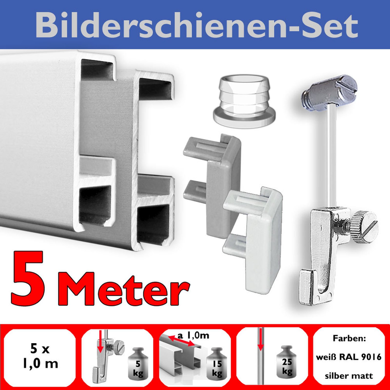 Unbekannt 5m Komplett Set Bilderschiene Bilderschienen Galerieschienen mit Zubehör in weiß oder Silber