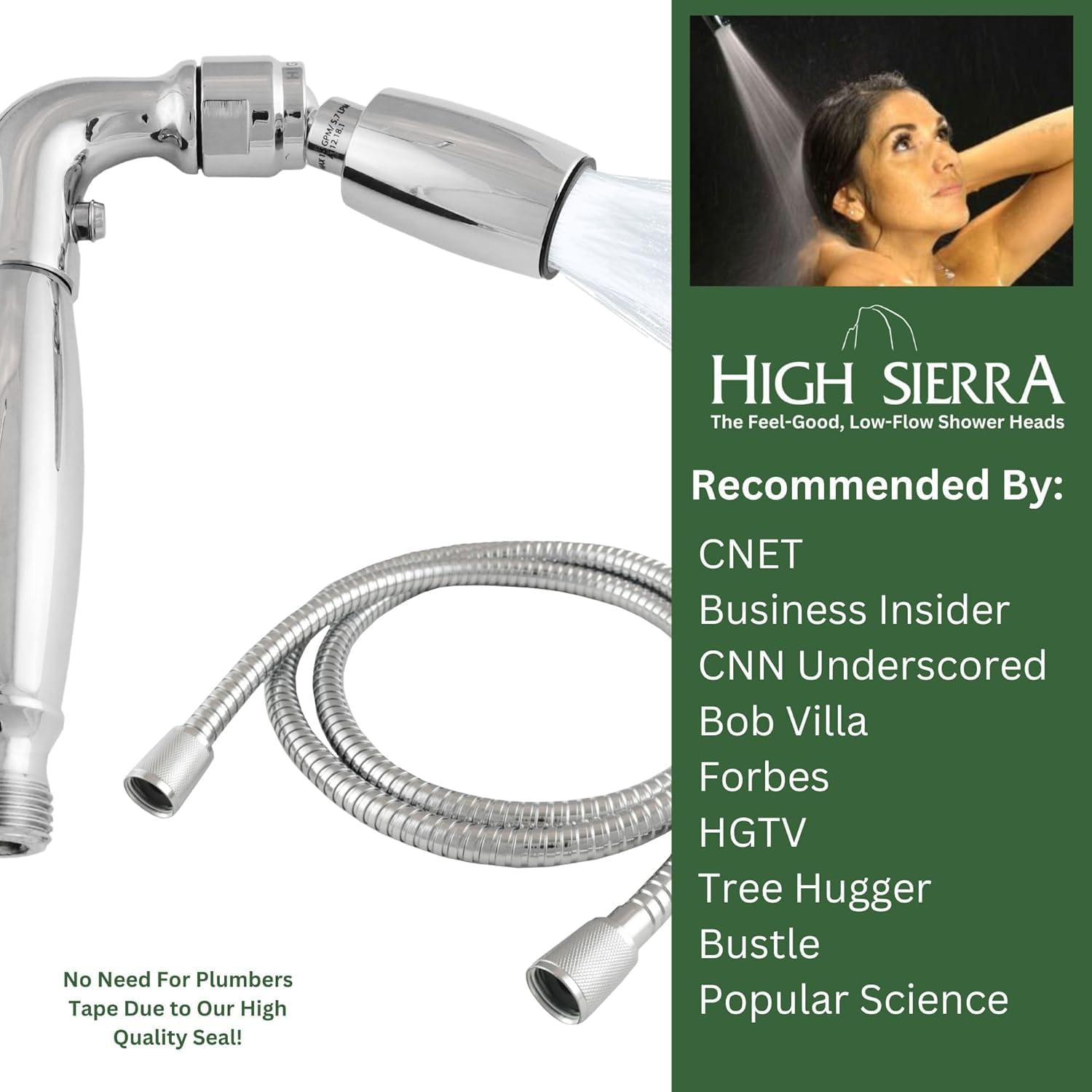 High Sierra® Solid Lead-Free Metal Handheld Shower Head, Trickle Valve, 72” Flexible Stainless Steel Hose With Biofilm Resistant Silicone Inner Tube. Holder Not Included. Ultra Low Flow 1.5GPM. Nickel