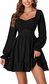 Women's Lantern Long Sleeve Smocked Wrap Tiered Ruffle Flowy A Line Short Mini Dress