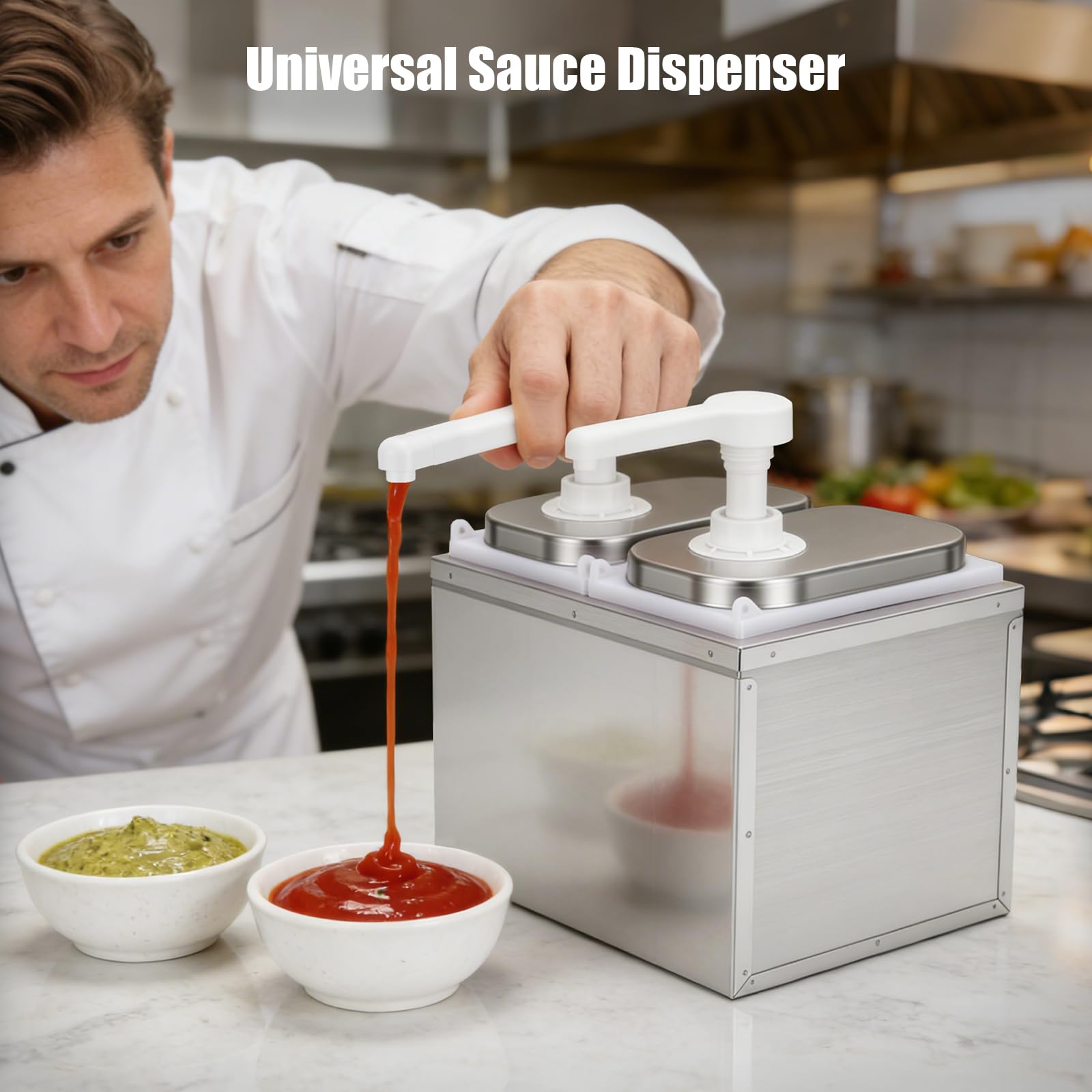 Dispensador de salsa de ketchup de 4 litros, estación de bombeo, acero inoxidable 304, apto para alimentos, apto para lavavajillas, sin goteo, ideal para ketchup, mayonesa, mostaza, miel, 2 ×
