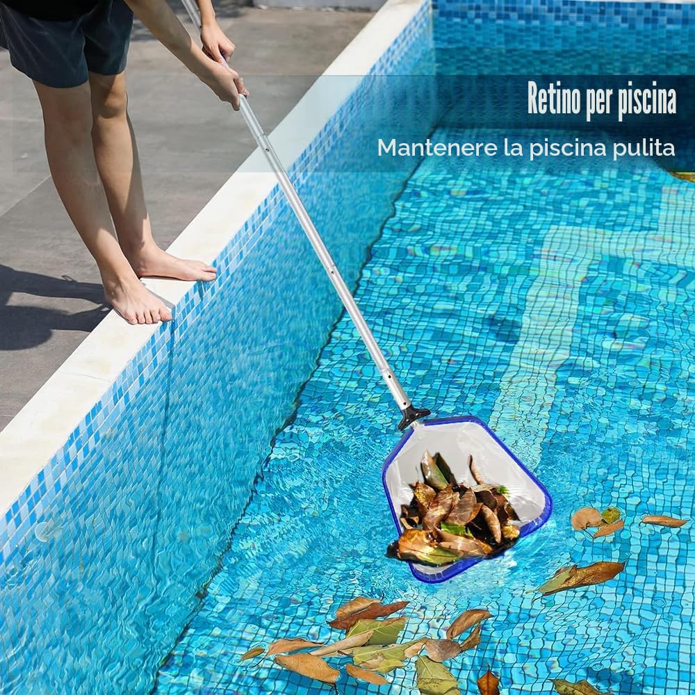 Retino per Pulizia Piscine,Professionale Retino Piscina,Retino per Piscina con Manico Telescopico,Retina Raccogli Foglie per Piscina Contelaio in Alluminio,Rete a Maglia Fine,Skimmer per Piscina