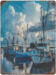 Shrimp Boats Docked in Pier Vintage Hanging Poster Wall Art Prints Artwork for Home Wall Decor 15.7"x11.8"