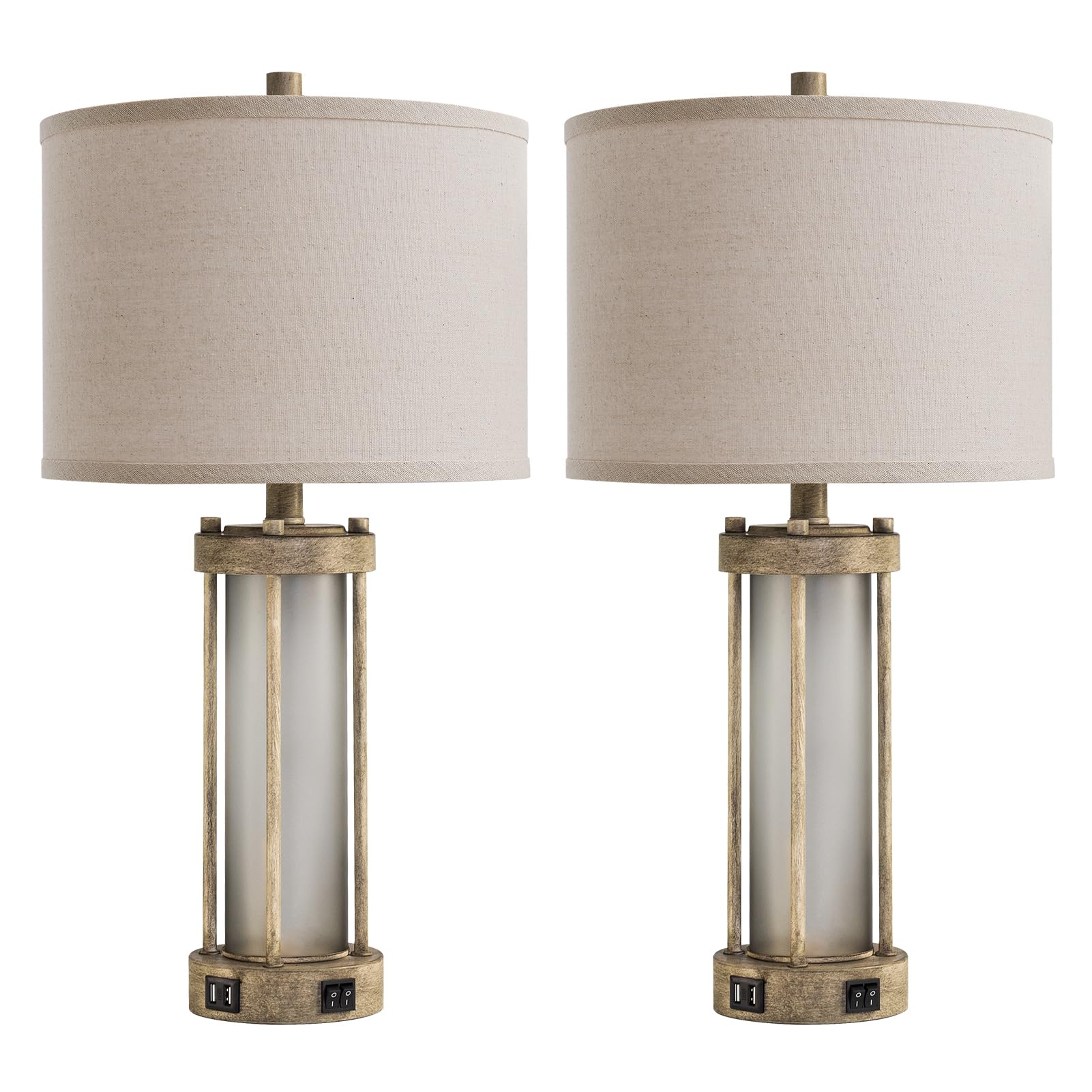 Farmhouse Tischlampen 2er Set für Wohnzimmer, Vintage Schlafzimmer Nachttischlampe mit Dual USB Ports, Nachttischlampe mit Milchglas Nachtlicht für Beistelltisch Eingang, 4 Glühbirnen enthalten