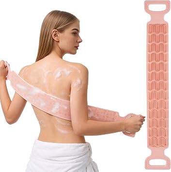 Back Scrubber for Shower - Exfoliating Back Scrubber with Handles,Double-Sided Exfoliating Wash Bath Tool for Use in Shower, Back Washer to Deep Clean Your Skin for Men & Women Pink