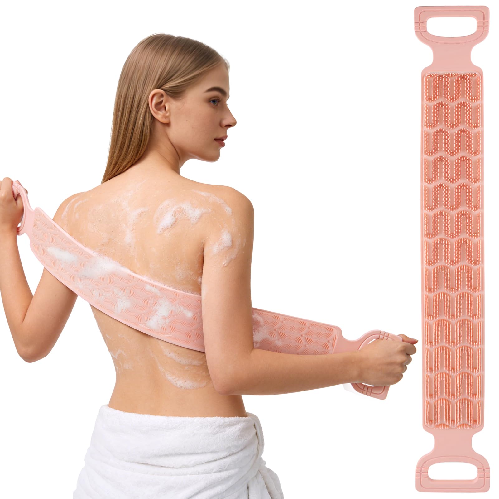 EaTubano Back Scrubber for Shower - Exfoliating Back Scrubber with Handles,Double-Sided Exfoliating Wash Bath Tool for Use in Shower, Back Washer to Deep Clean Your Skin for Men & Women (Pink)