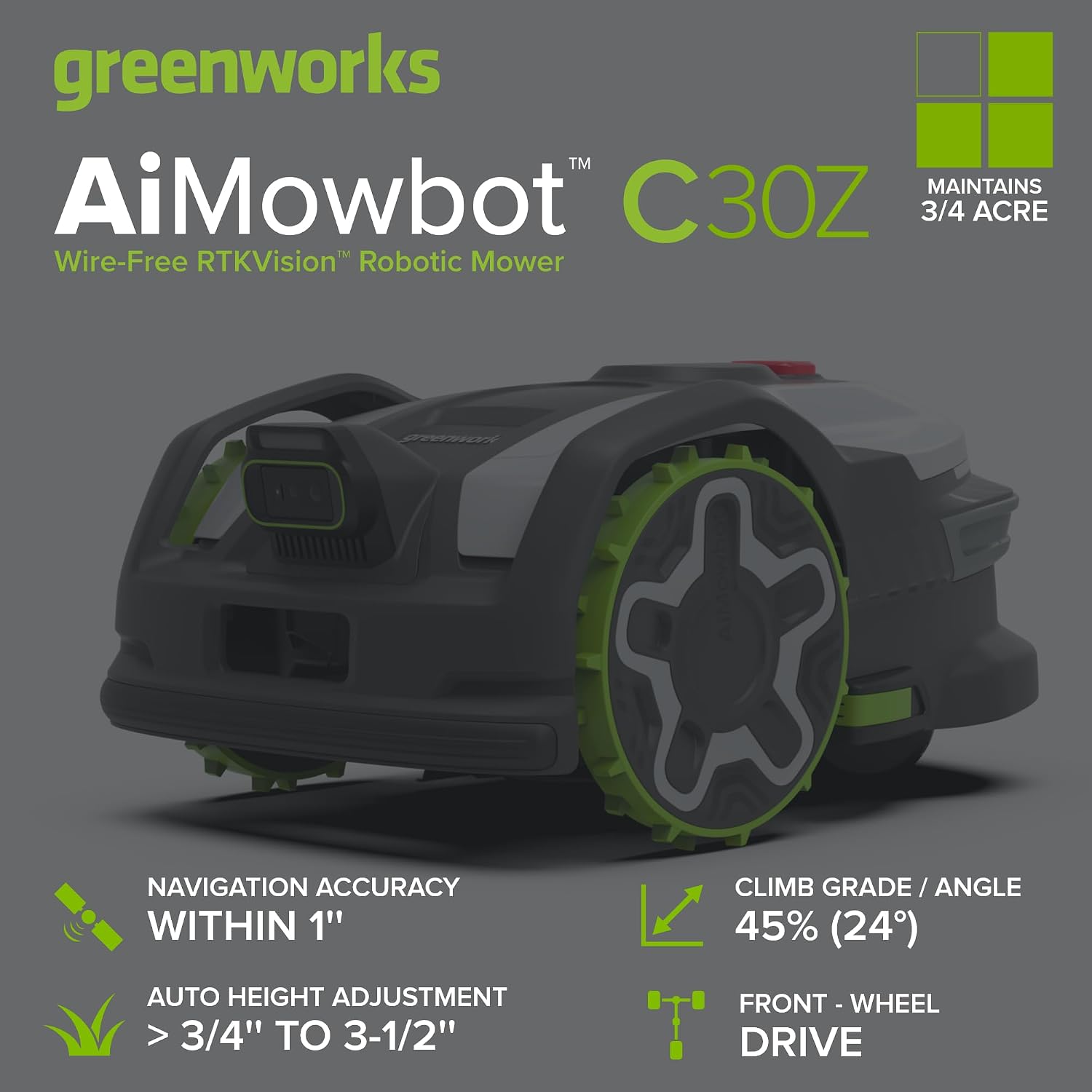 Greenworks C30Z Wire-Free Robotic Lawn Mower, up to 3/4 Acre, RTKVision Navigation, photo 3