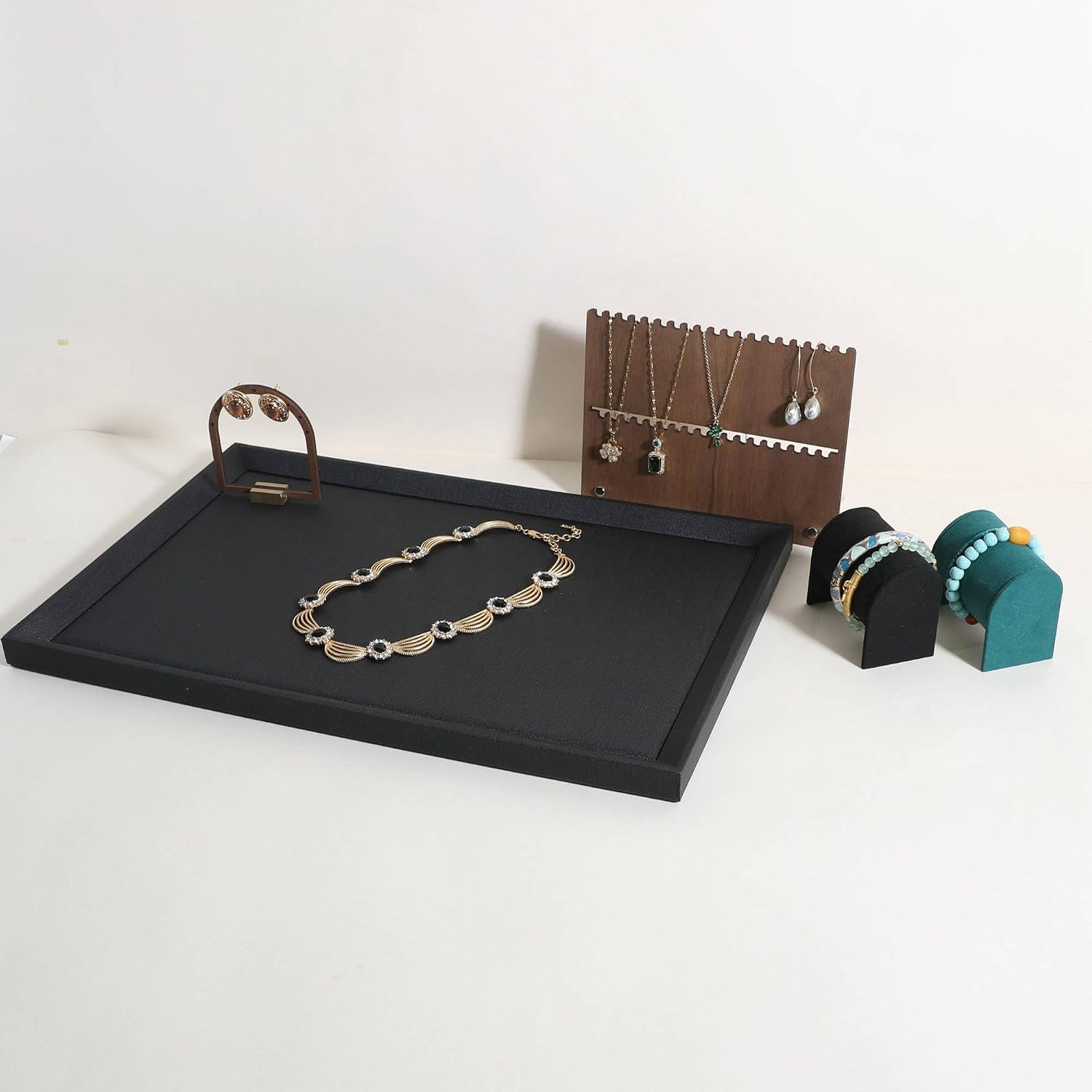 GemeShou Gemehou faux PU leather Jewelry Viewing Tray, Stackable Jewelry Plate, Rectangle Jewelry showcase, Empty Jewelry tray for Necklace Bracelet Ring Earring Watch (Black-Large, 17.7 x 11.8 in)