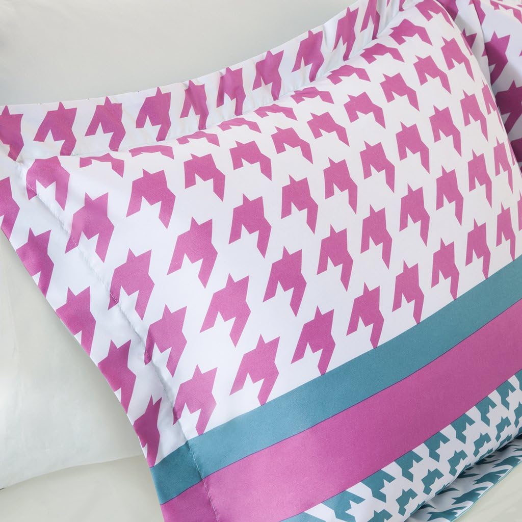 Mi Zone Comforter Set Fun Bedroom Décor - Modern All Season Polka Dot Print, Vibrant Color Cozy Bedding Layer, Matching Sham, Decorative Pillow, Full/Queen, Houndtooth Aqua 4 Piece