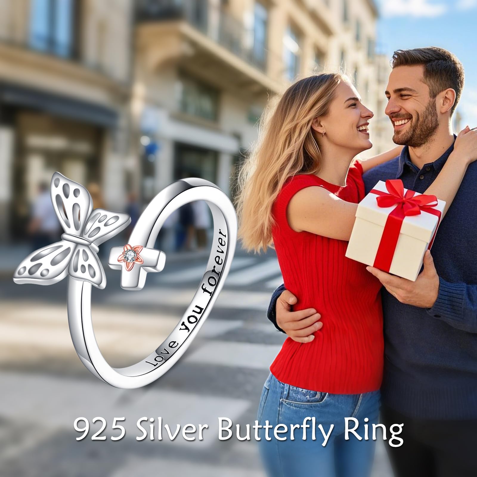 ONEFINITY Anello a forma di farfalla, in argento Sterling 925, con farfalla, regolabile, per donne, Nessuna pietra preziosa