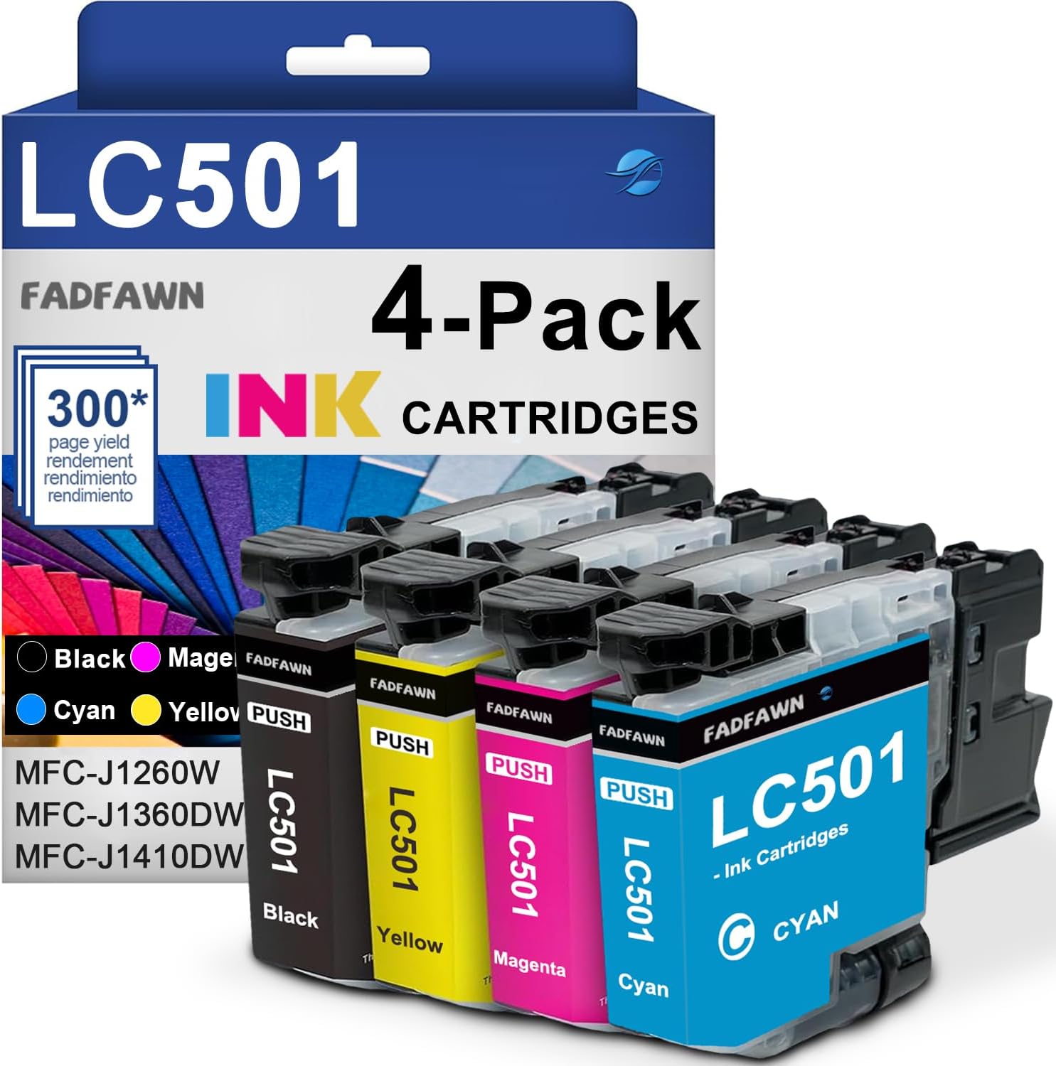 LC5014PK 4-Pack (1 Each of) LC501 Ink Cartridges Black, Cyan, Magenta, and Yellow Ink Cartridges - Replacement for Brother MFC-J1260W MFC-J1360DW MFC-J1410DW Printer