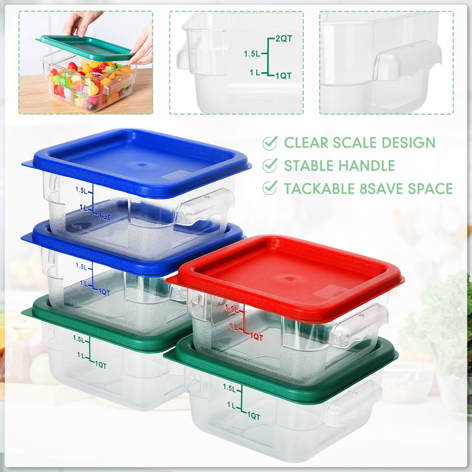 Lallisa 8 recipientes de almacenamiento de alimentos de 2 cuartos de galón con tapas, cuadrados, transparentes, de policarbonato, para marinar, cubos de masa con tapa (multicolor)