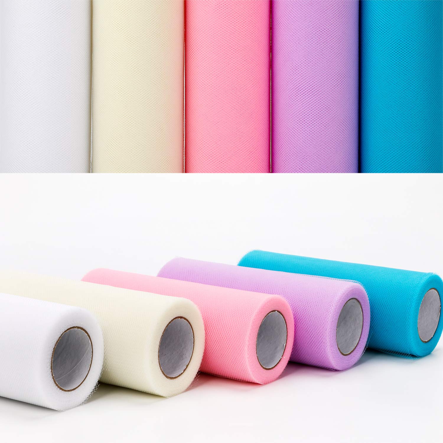 HOWAF 5 Rotoli Di Tulle Per Decorazioni Matrimonio E Fai Da Te - 15cm X 22.5m Ciascuno - Colori Assortiti (Bianco, Blu, Viola, Rosa, Avorio)