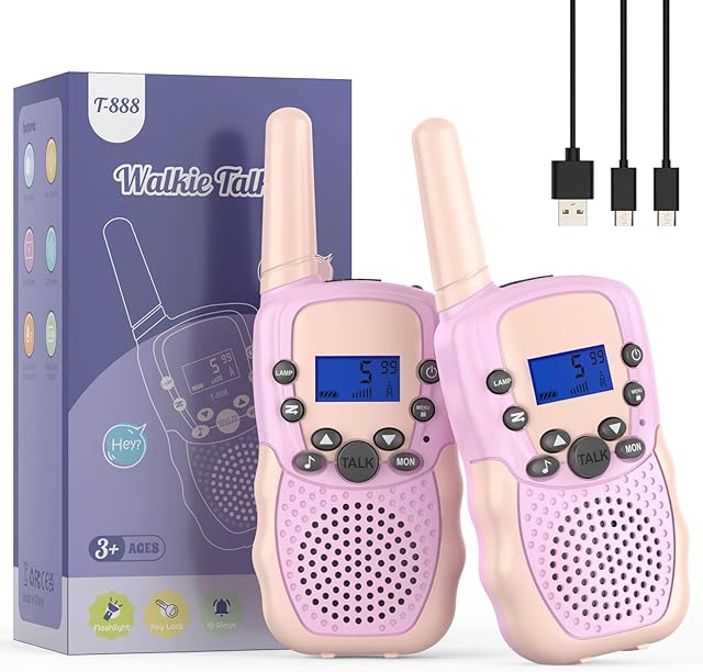Bakoherp Rechargeable Walkie Talkies for 3-12 Years Old Kids, 8 Channels 2 Way Radio Toy with LCD Backlit And LED Flashlight, 3KM Long Distance for Outdoor Adventures, Camping, Hiking