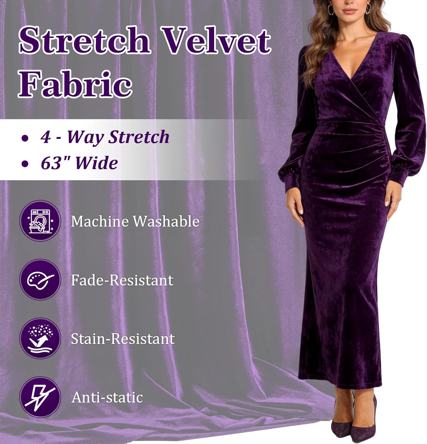 Soft Stretch Velvet Fabric by The Yard - 63" Wide 95% Polyester 5% Spandex, Luxury Material for Sewing Apparel, Costume, Upholstery & DIY Crafts (Dark Purple, 5 Yard)