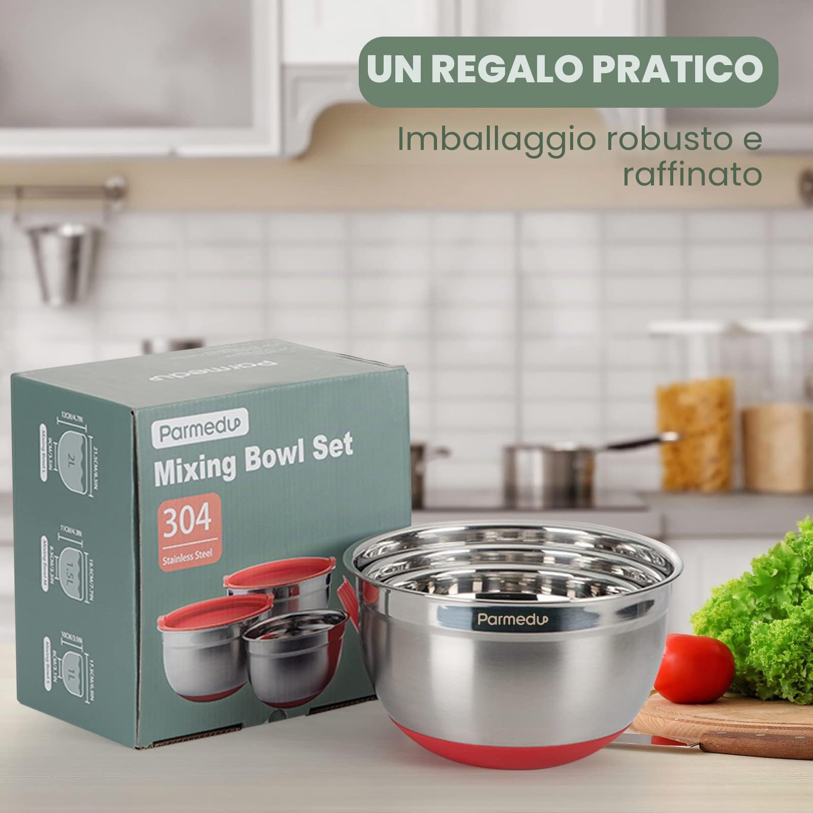 PARMEDU Set di Ciotole per Miscelazione in Acciaio Inossidabile 100% 18/8 con Coperchi Ermetici, 3 Ciotole Nidificanti con Segni di Scala e Fondo Antiscivolo, Misura 2L/1,5L/1L