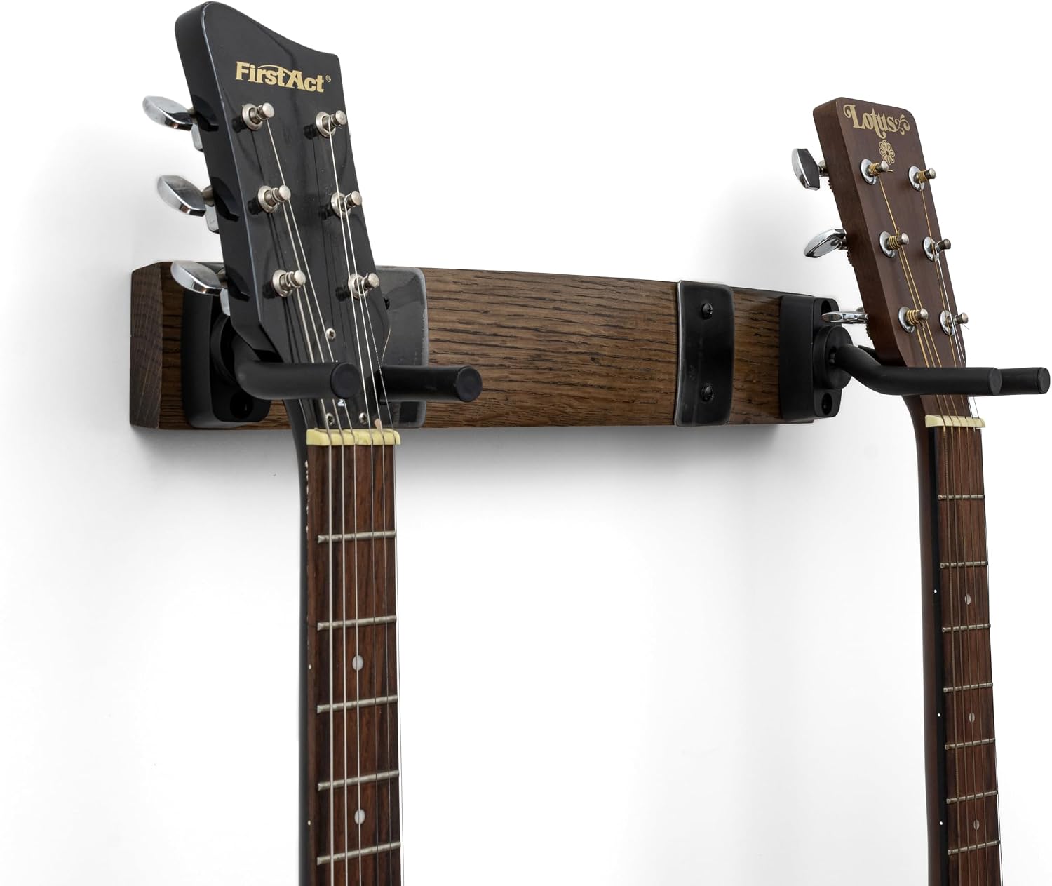 18" Whiskey Barrel Stave Guitar Hanger – Wall Mount for 2 Guitars – Choice of Finish and Optional Barrel Hoop Accents (True Brown with Barrel Hoops)