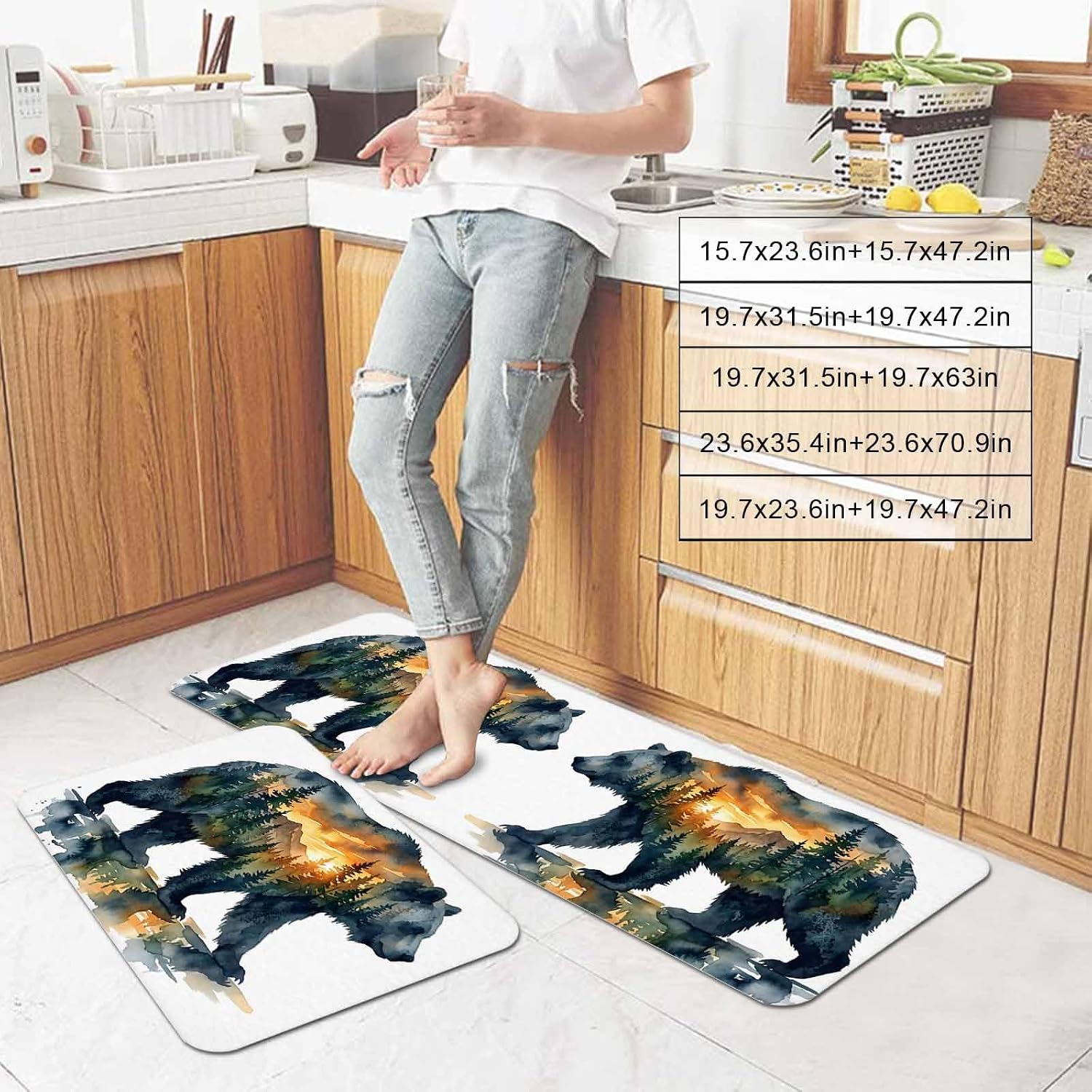 Prime Leader Brown Bear Kitchen Mat Set 2 Pieces Vintage Misty Green Trees Brown Bear Sunset Non Slip Kitchen Rugs Washable Runner Rug Mats for Floor Sink Laundry Office 23.6" x 35.4"+23.6" x 70.9"
