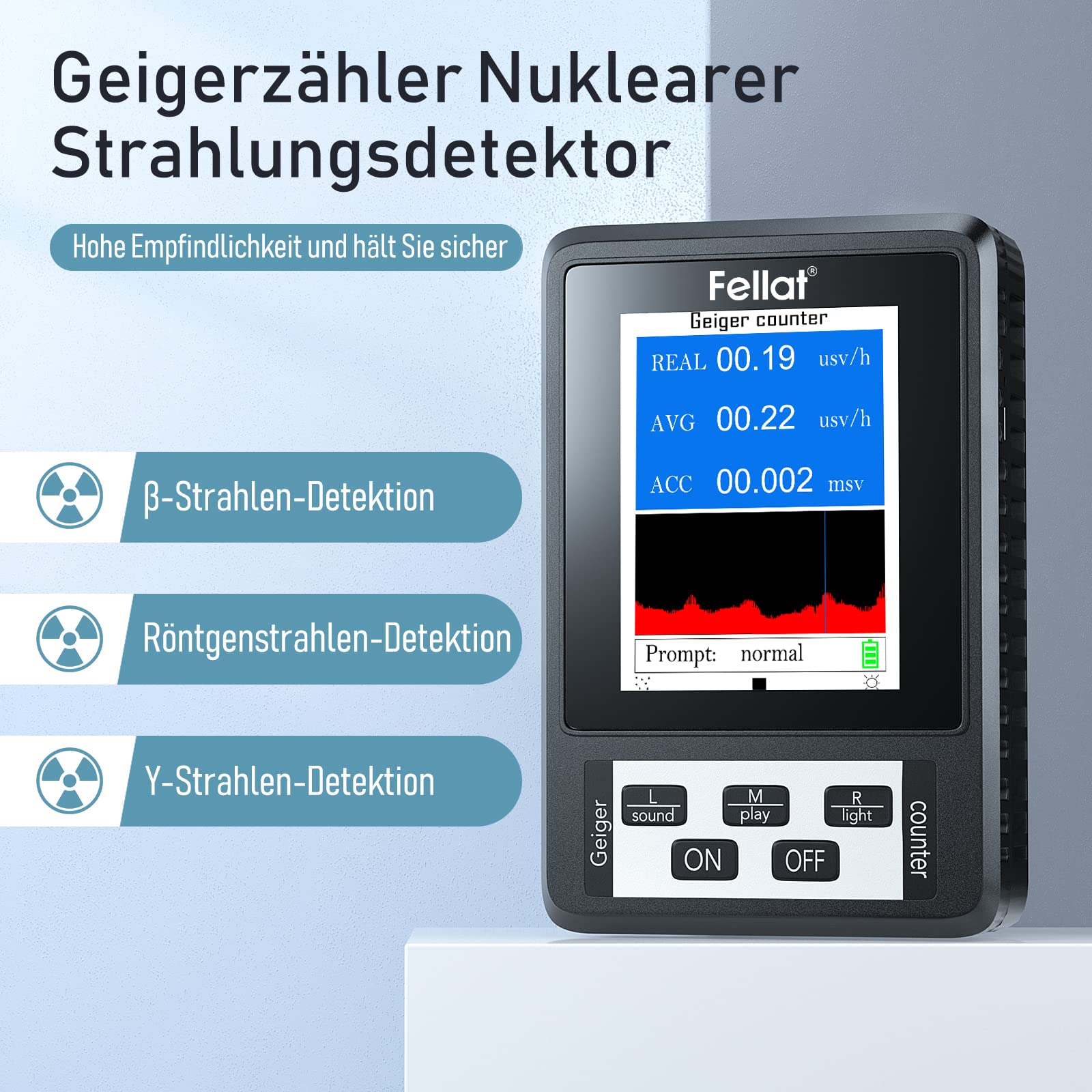 Geigerzähler, FELLAT Nuklear Strahlungsdetektor Dosimeter zur Messung, Beta Gamma Röntgen-Tester, Professioneller Strahlungsdetektor mit LCD-Display