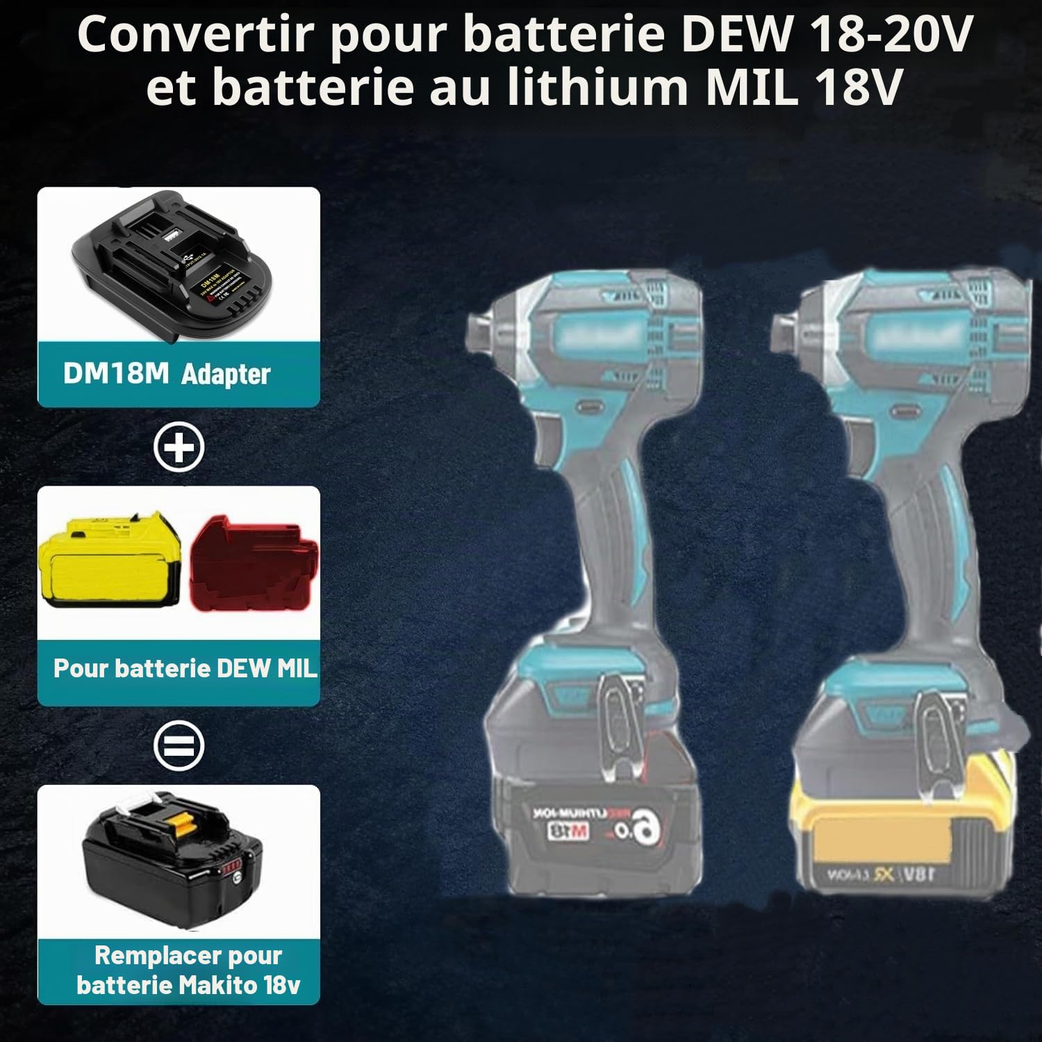 DM18M Adaptateur de batterie pour outils électriques Makita 18 V 20 V, adaptateur convertisseur pour Dewalt et Milwaukee M18 pour batterie Makita 18 V