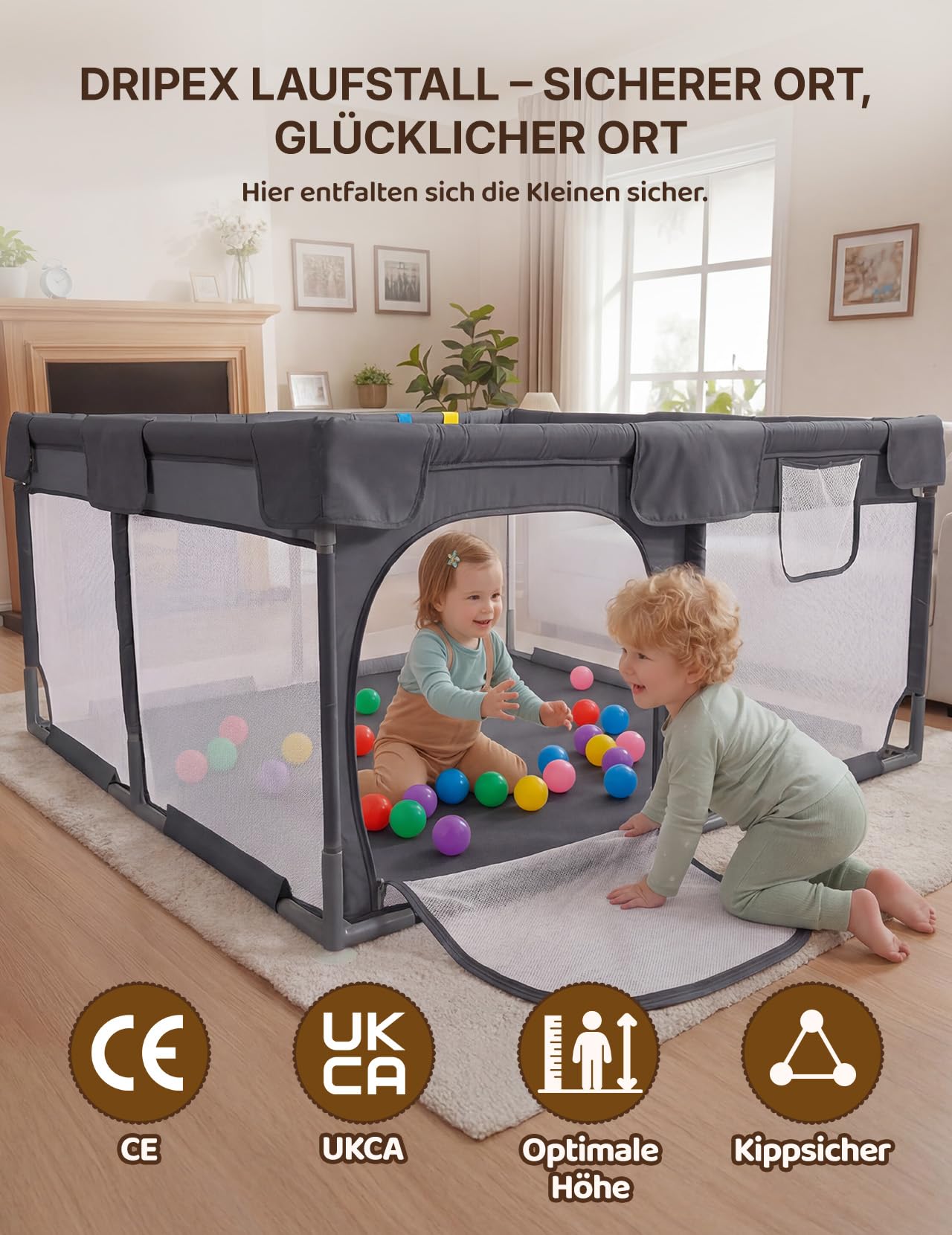 Dripex Box per Bambini Recinto Neonato - Small - Antracite | 124 x 124 cm box per bambini con tappetino, tessuto Oxford 210D, 2 anelli da gioco, palline a tema oceano.