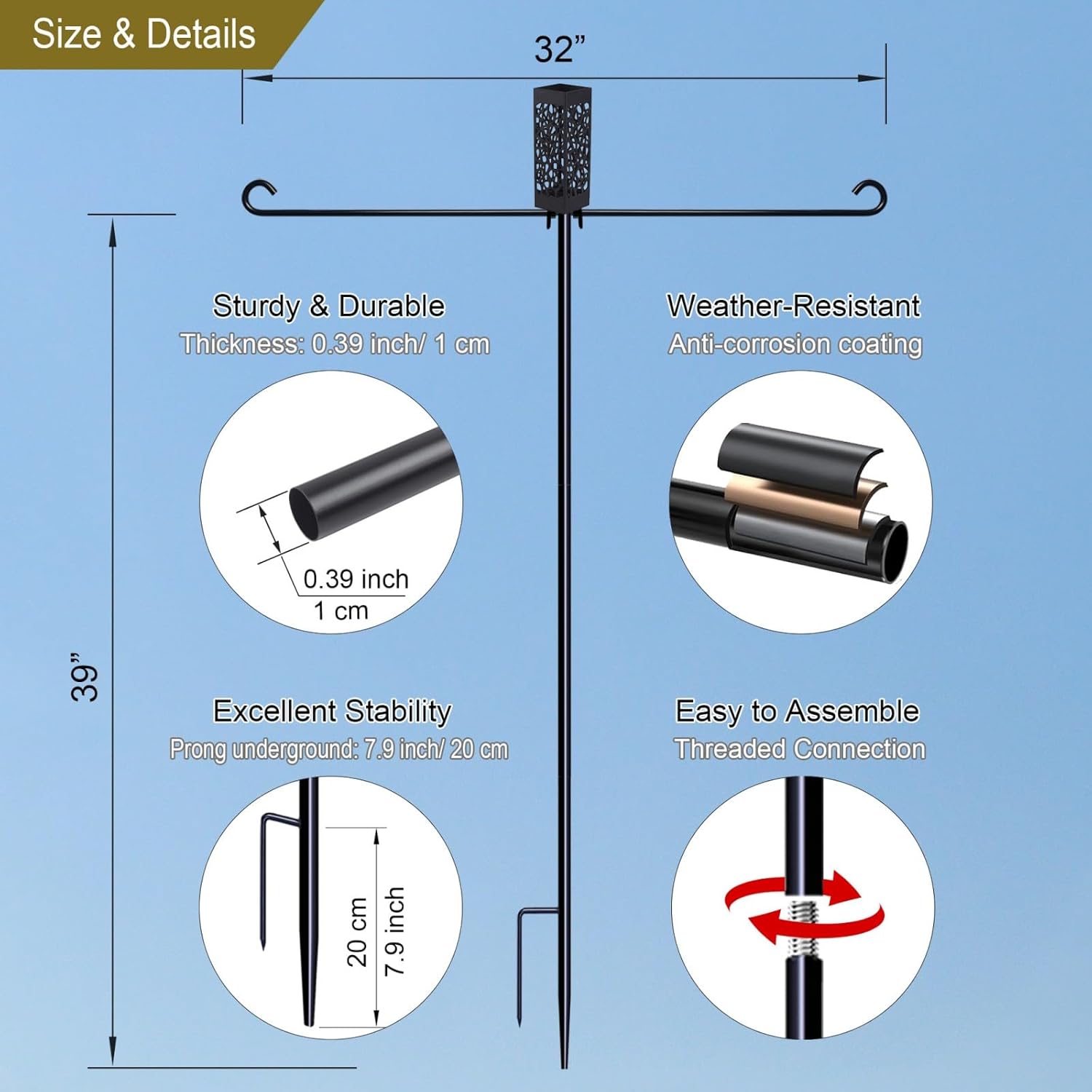 Garden Flag Stand Holder Pole with Flower Vase, Dual Arm Yard Flagpole for Cemetery Grave Decoration or Memorial Day, 39 inch,Black - Image 5