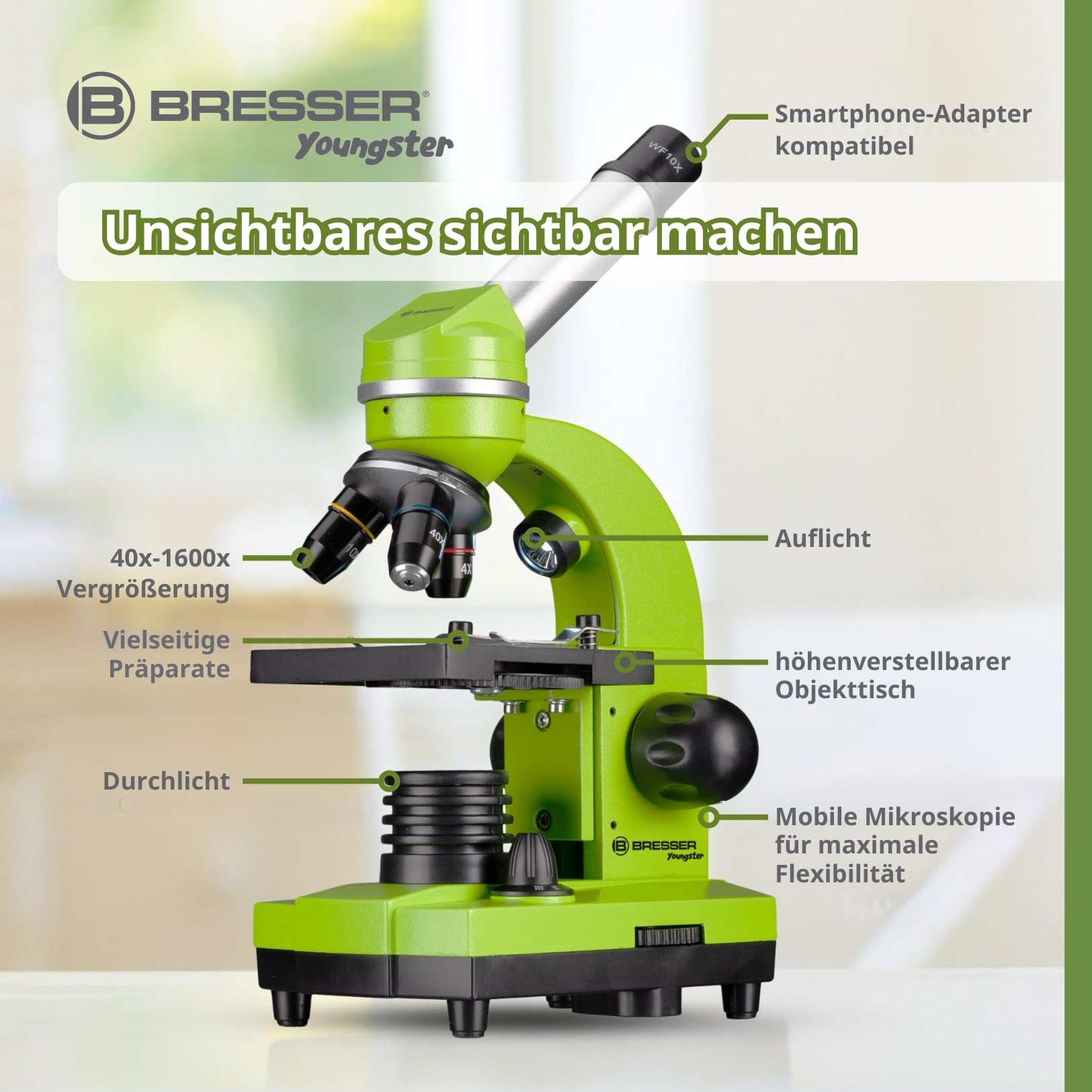 Bresser Junior Schülermikroskop BIOLUX SEL mit Smartphonehalter, reichhaltigem Zubehör und Barlow-Zoom-System für Kinder, Einsteiger und Erwachsene, grün
