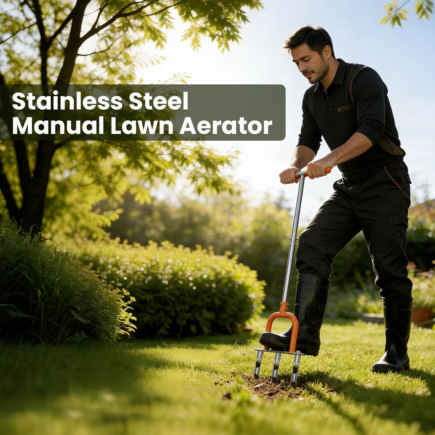 Lawn Aerator, Stainless Steel Lawn Aerator Tool with 3 Hollow Tines, Yard Grass Soil Core Aerator, Manual Lawn Plug Aerators, Core Aeration Tool for Lawn Garden Compacted Soil (Orange)