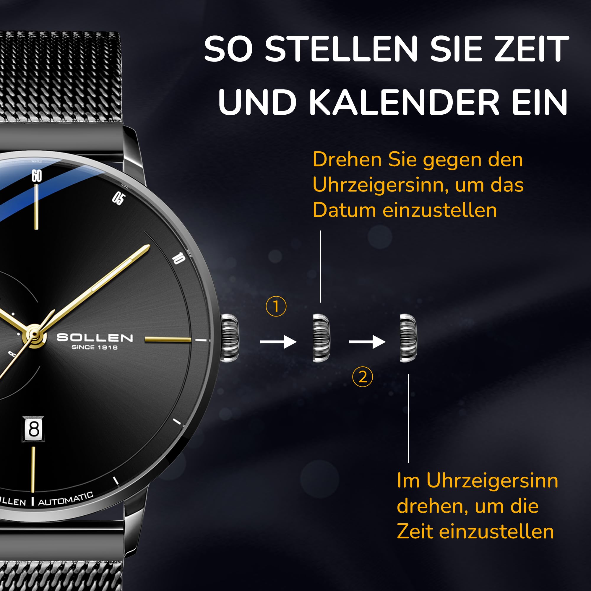 SOLLEN Minimalistische Automatikuhren Herren,Automatische Herrenuhren,Originales Mechanisches Uhrwerk,Wasserdicht Leuchtend Selbstaufzug Herrenuhr mit Kalendar,Business Armbanduhr für Männer