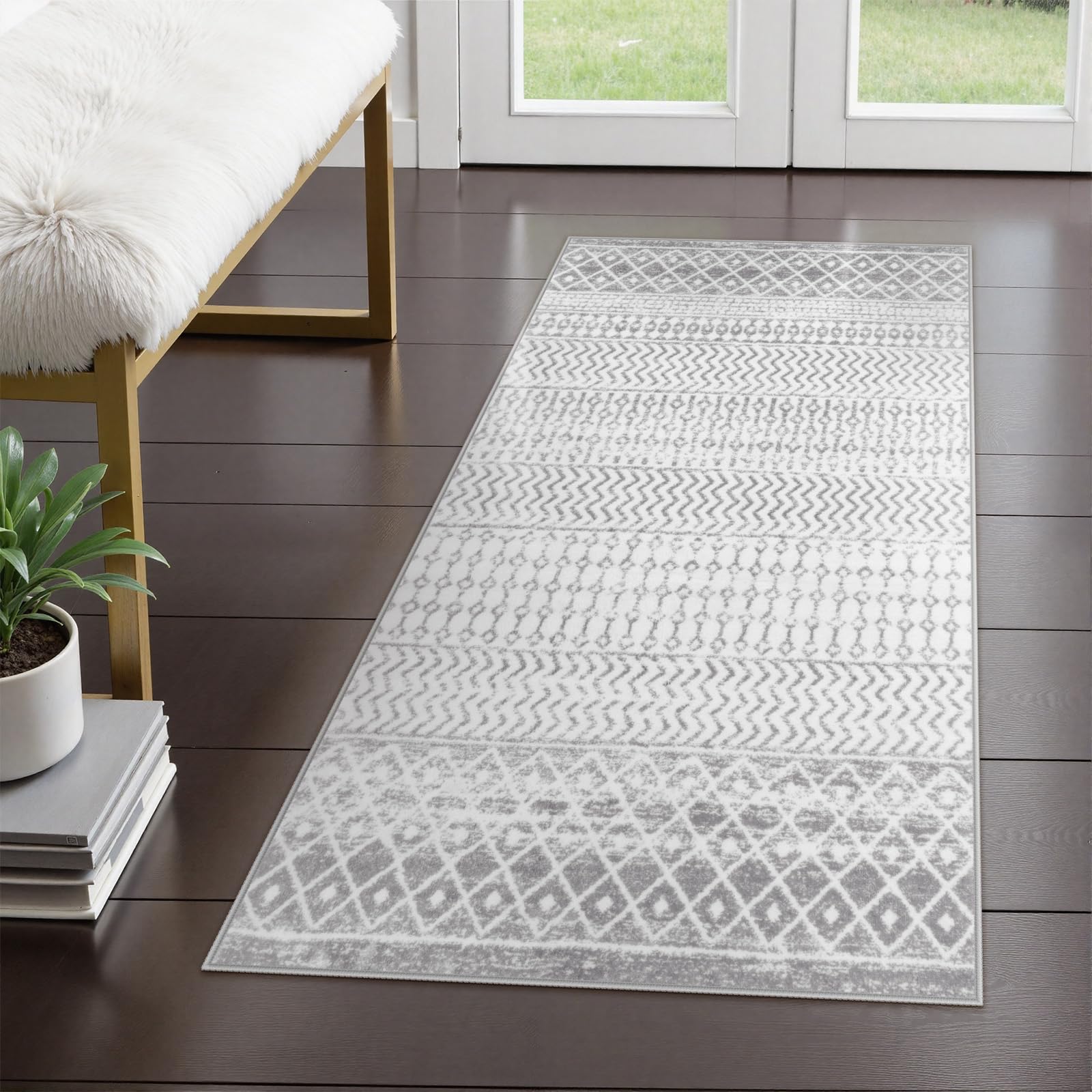 Nailttos Moroccan Washable Area Rug, 2x4 Non-Slip Front Door Mat Indoor Entrance, Low-Pile Distressed Grey Rug Throw Rugs for Bedroom Kitchen Bathroom