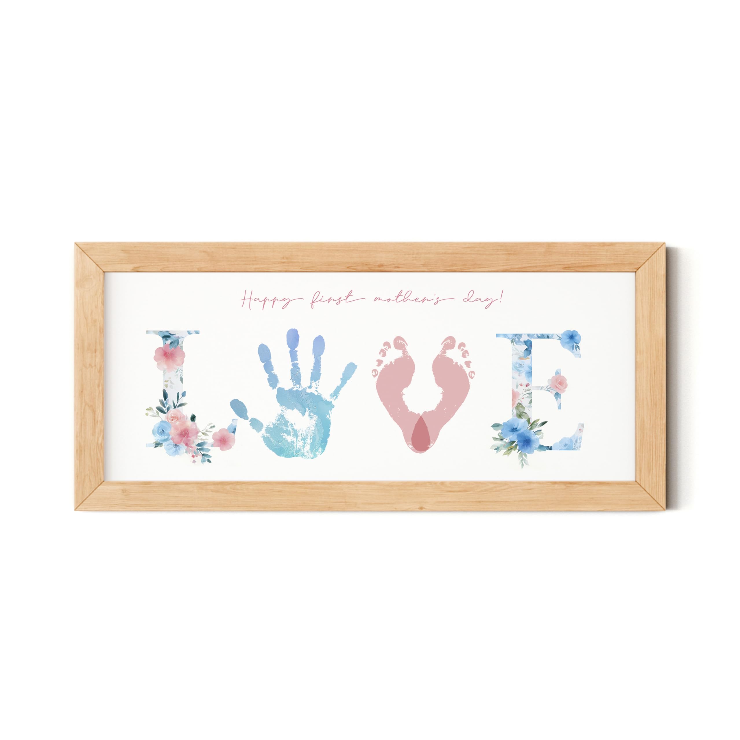 Photo 1 of TwoDays First Mother's Day Handprint Gift from Baby - DIY LOVE Keepsake Hand & Footprint Craft Kit for Mom, Family Activity, Great Newborn Gift for Mother's Day (6" X 14", Wood Frame)