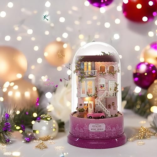Miniatura 7 de Kit de casa de muñecas en miniatura, bonita caja de música giratoria de Navidad, kit de casa pequeña con cubierta de vidrio y luz LED para regalo de
