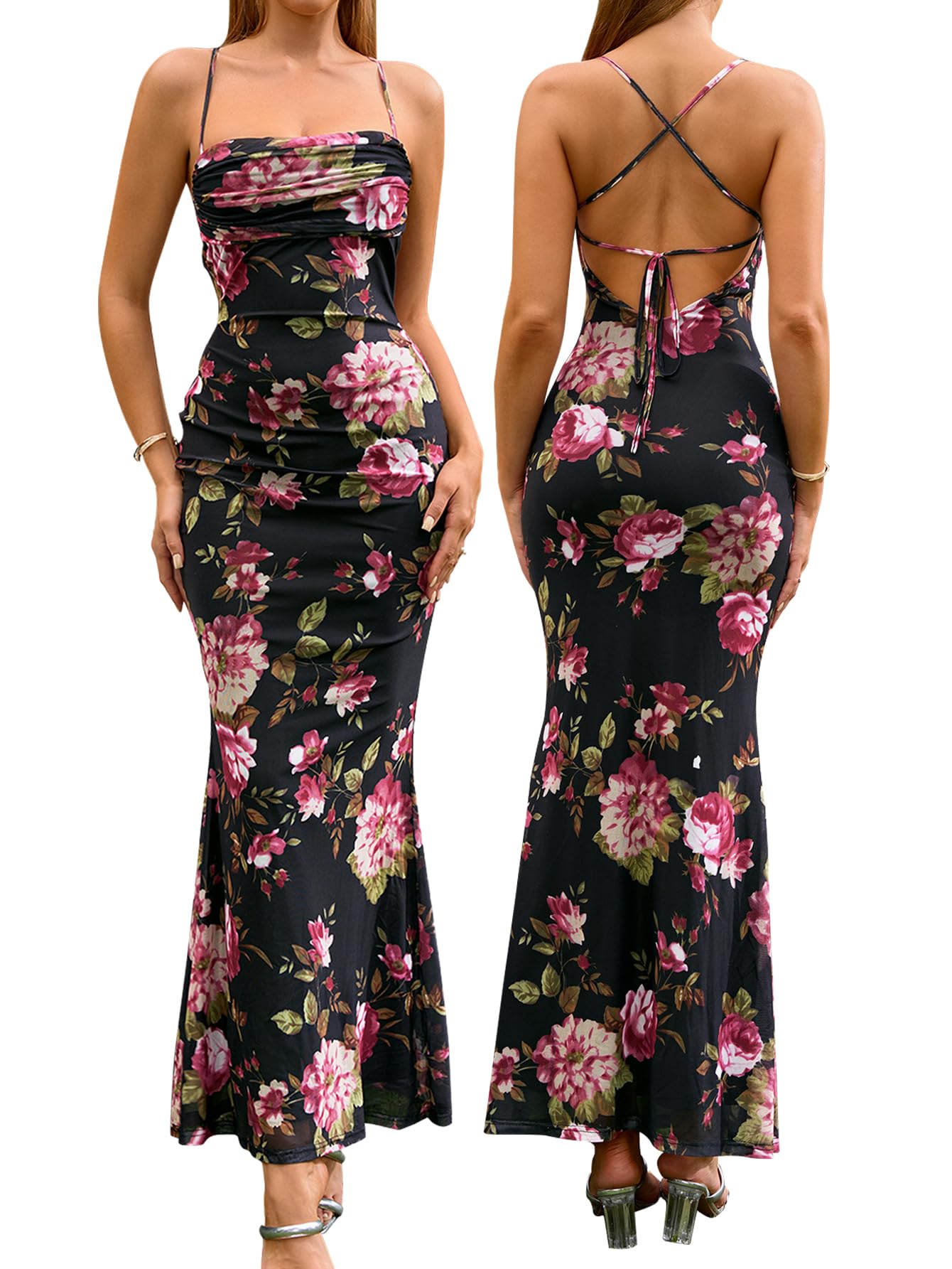 Photo 1 of Women's Summer Floral Maxi Dress Square Neck Mesh Ruched Bodycon Formal Wedding Guest Long Dresses BlackFloral M