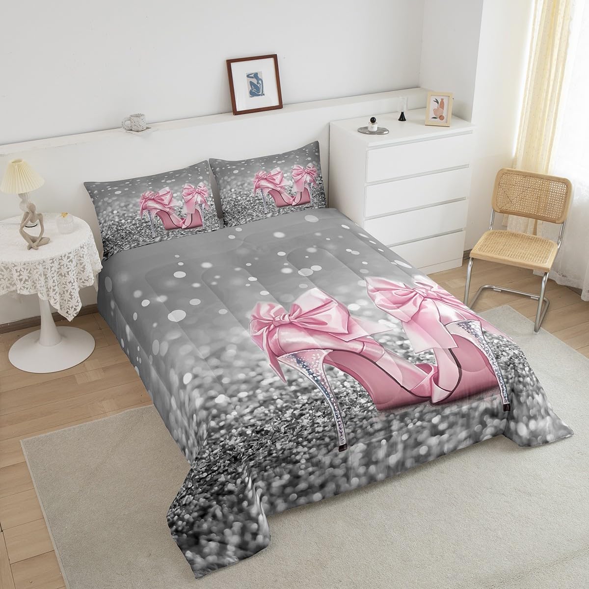 Manfei High-Heels Girlish Comforter Set Queen Size,Glitter Sparkling Diamond Romantic Bedding Set,Girls Women Room Decor,Cute Bowknot Fashion Down Comforter,Pink Princess Duvet Insert,2 Pillowcases