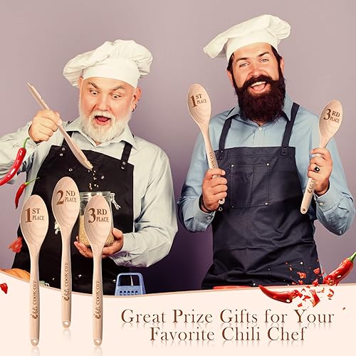Miniatura 5 de Soaoo Chili Cook Off Trophy Cuchara de madera 3 piezas Cuchara de cocina grabada con chile Cuchara de servir Cuchara de chile Concurso de Madera