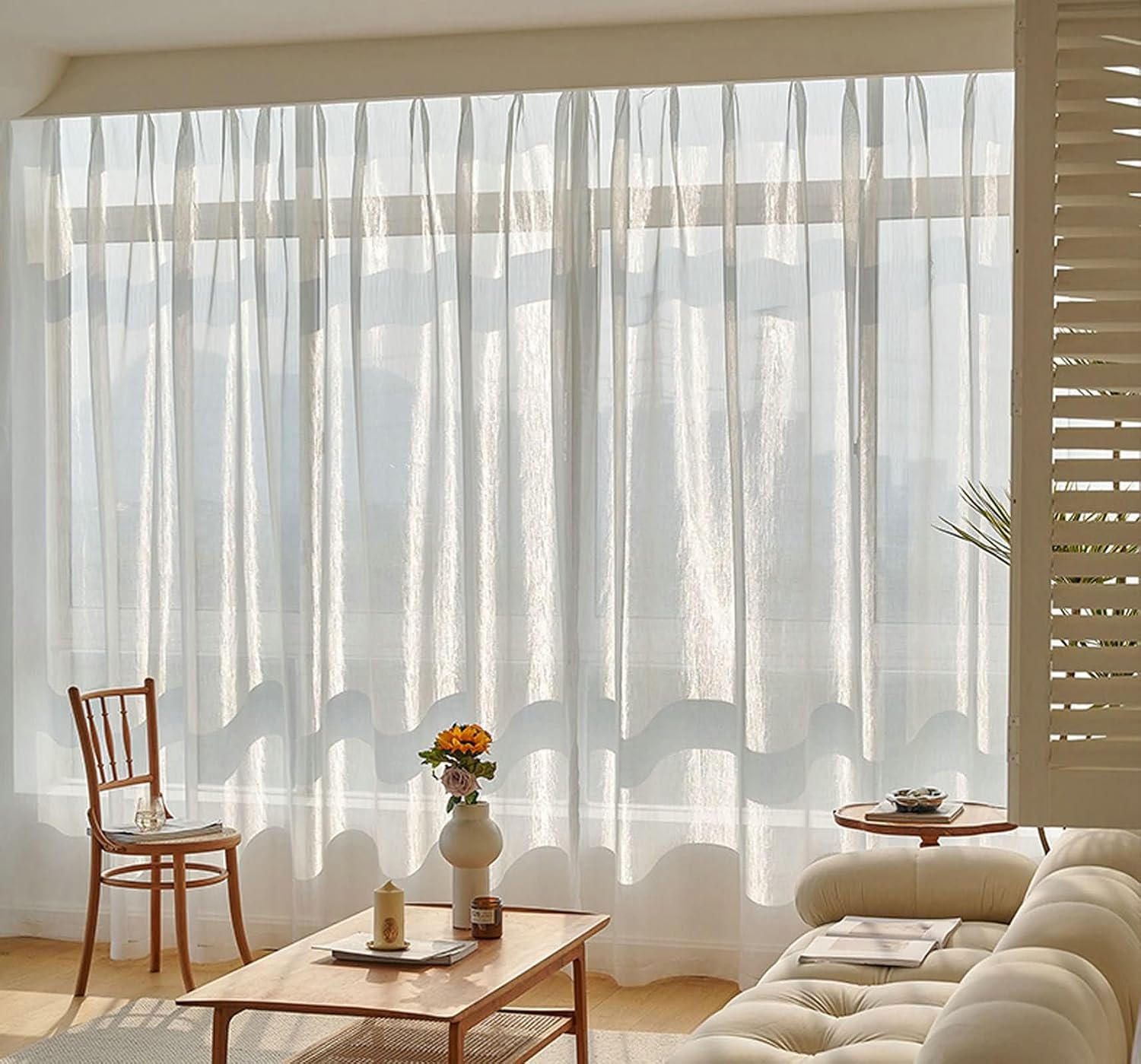 Daesar 2 Panels Transparent Curtains 96 Inch Length, Eyelet Sheer Curtains Solid Color Striped Texture Window Voile Treatment for Bedroom Living Room, 42x96 Inch Beige White