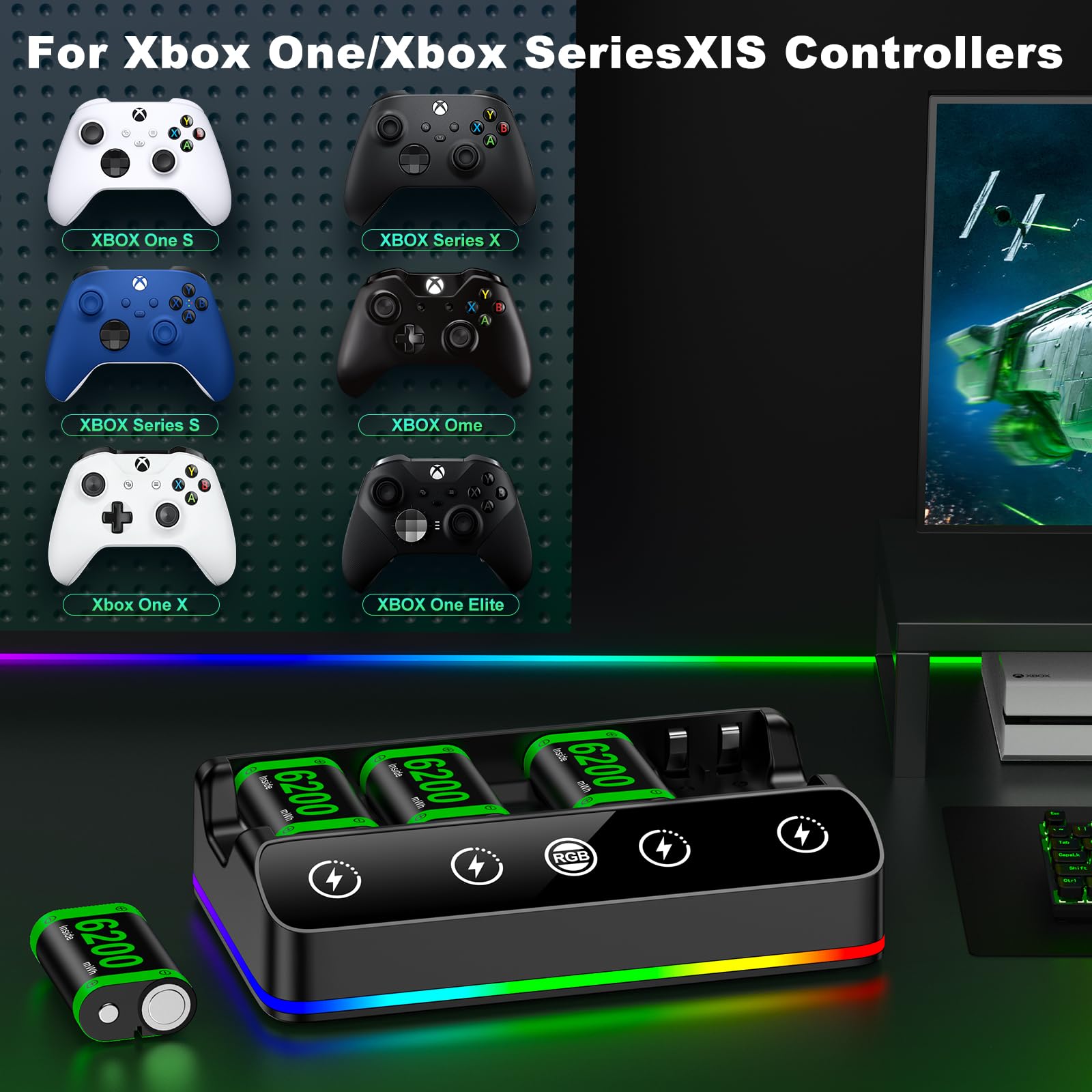 HELLCOOL Batteria per controller Xbox, 4 batterie da 6200 mWh ricaricabili con dock di ricarica/Cool RGB/cavo di ricarica, caricabatterie per Xbox Series X|S,One/Elite/S|X