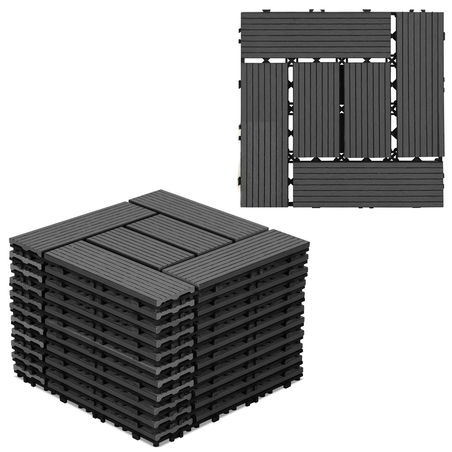 Gimisgu Baldosas para terraza de WPC, 30 x 30 cm, juego de 66 para 6 m², azulejos de balcón con sistema de clic, suelo para balcón, terraza, resistente a la intemperie con drenaje, antracita