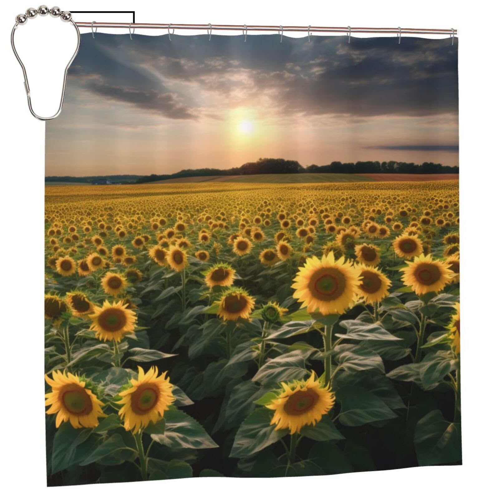 BWWHCCTI Sunflower Farmland Printed Shower Curtain With 12 Iron Hooks Opaque Quick Drying Waterproof Shower Curtains Sets For Bathroom 183x183 CM