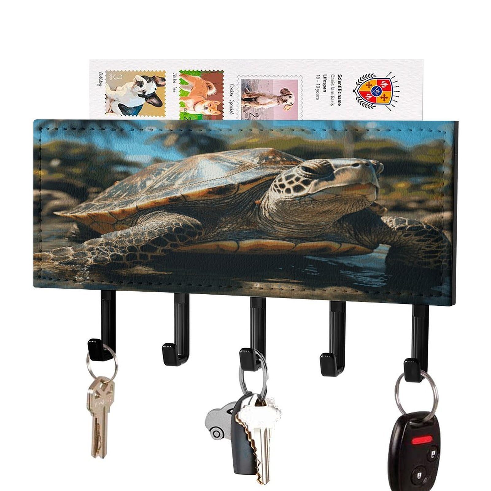 JTREHY Big Turtle and Palm Trees Key Holder Wall Mount Decorative Key and Mail Holder PU Leather Adhesive Key Organizer Hanging Key Hooks Wall Shelf with 5 Hooks for Entryway Hallway Office