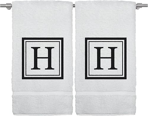 Miniatura 95 de Monogrammed Hand Towel, 16 x 30 Inches Set of 2, Personalized Gift- White Letter Embroidered with Square Design on Black Towel - Extra Absorbent