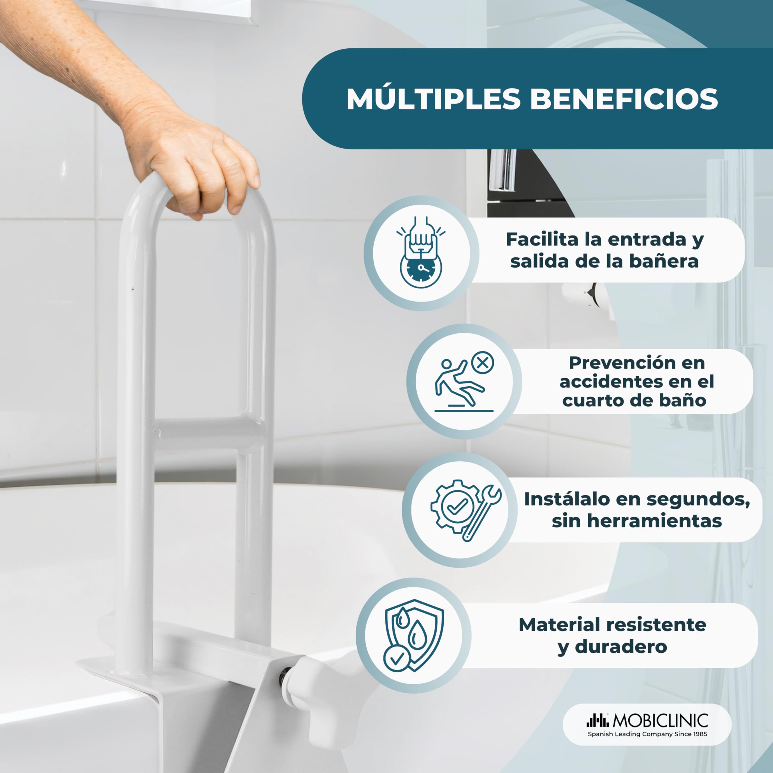 Mobiclinic®, Asa para Bañera Regulable, Bañeras Borde Liso (4.5-13.5 cm), Asidero Ergonómico, Máx. 100 Kg, Uso Clínico y Doméstico, Seguro y Funcional, Acero Blanco, Mobibary