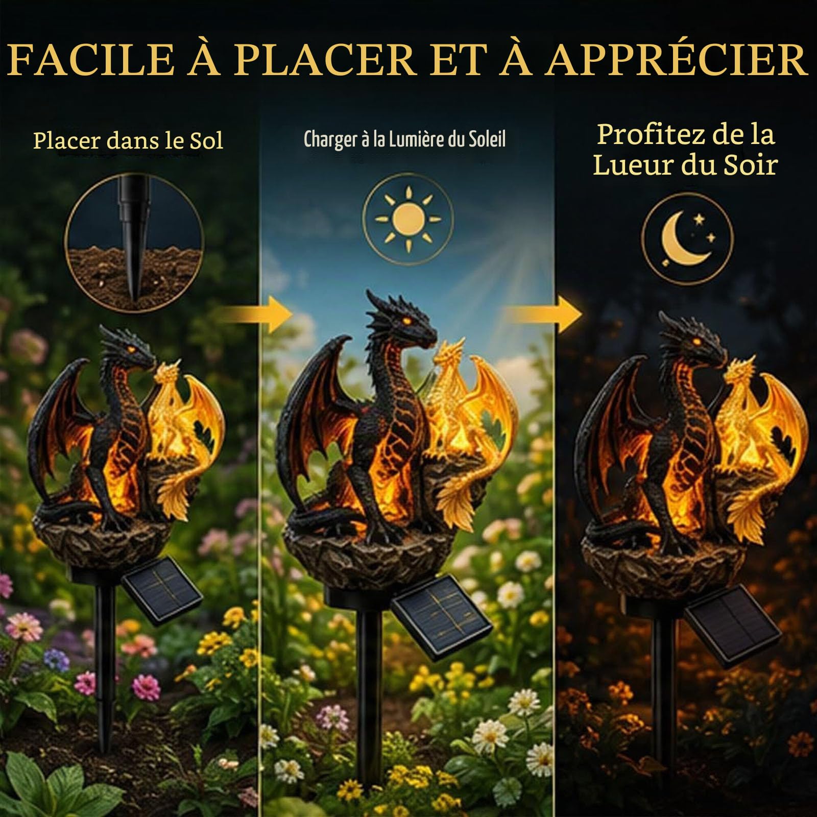 Dragon Legacy Golden Ember Edition Lampe solaire de jardin en forme de dragon, lampe solaire en forme de braise dorée, lampe figurine de statue jardin de dragons,gothique médiévale fantastique (1pc)