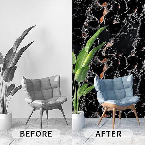 Miniatura 6 de Papel tapiz de granito de mármol negro y gris (23.6 x 118 pulgadas), película de vinilo autoadhesiva extraíble, papel decorativo para despegar y